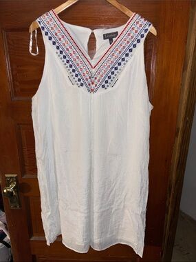 Luxology White Embroidered Midi Dress with Red and Blue Accents